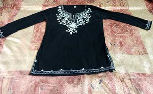 Elegant Black Cotton Kurti With White Floral