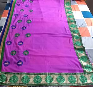 Pink Saree with Green &amp; Blue Details