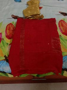 Red Saree With Ready-made Golden Blouse