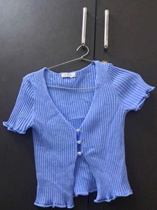 Blue Ribbed Knit Cardigan