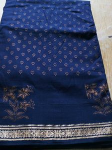 Elegant Blue & Gold Print Cotton Saree