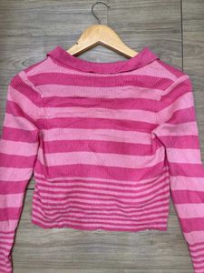 Pink Striped Zip-Up Cardigan
