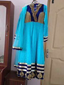 Teal &amp; Gold Embellished Anarkali Dress