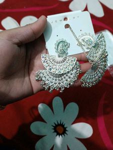 Silver Peacock Earrings Maang Tikka Set
