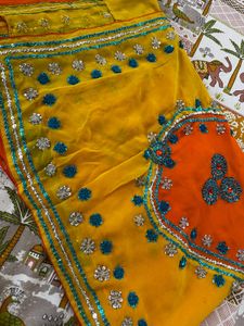 Orange And Yellow Designer Saree All Over Work