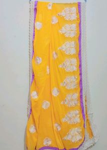 Yellow Color White Embroidery Flower Dupatta