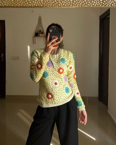 Hand Knit Floral Embroidered Cardigan
