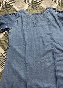 Denim tunic top with ruffle sleeves