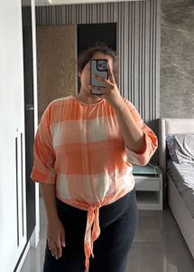 AND Orange & Beige Checked Cotton Top w Front Knot
