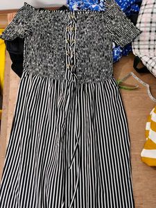 Striped Off-Shoulder Lace-Up Dress
