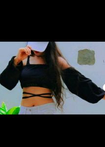 Black Tie-Up Crop Top Off Shoulder