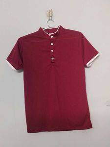 Burgundy Brown T Shirt With Four Button