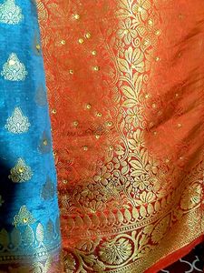 Elegant Reddish Orange &amp; Grey Silk Saree