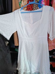 Chic White Eyelet Flutter Sleeve Dress