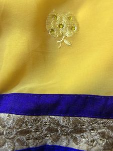 Elegant Yellow &amp; Blue Sari With Zari Thread Work