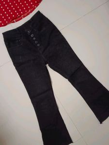 Combo Red Crop Top And Black Bell Bottom Jeans