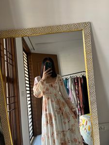 Peach-Cream Square Neck Midi Dress