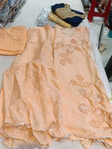 Peach Embroidered Sharara Party Wear Dress