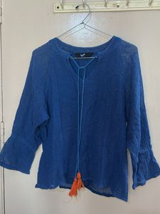 Boho Blue Knit Tassel Tie Top