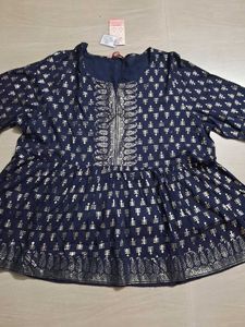 Navy & Silver Print Peplum Top