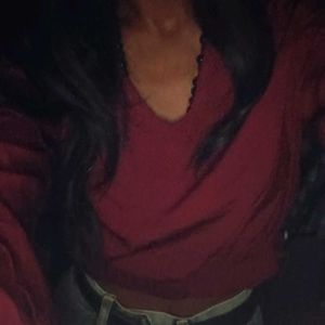 Red Cropped V-Neck Sweater