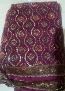 WinePurple Net Saree with Heavy GoldenBorde Sequin