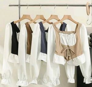 Romantic Korean Style Blouse & Vest Set
