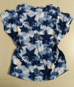 Blue Star Print Cut Out Shoulder Top