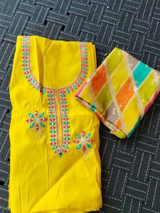 Yellow Mirror Work Unstitched Suit