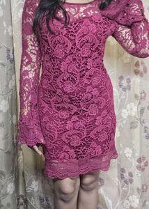 Burgundy Lace Mini Dress with Long Sleeves