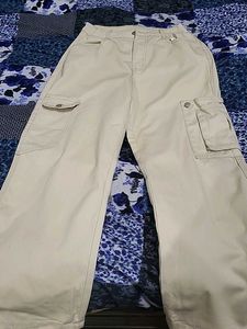 Beige Wide Leg Cargo Pants