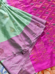 pista with pink soft silk. Saree