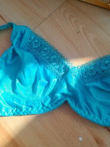 satin Turquoise Bra with Lace Detail