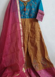 blue and caramel anarkali suit with dupatta