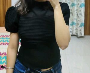 Ribbed Viscose Rayon Black Crop Top