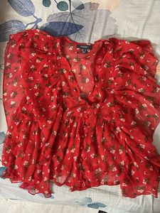 Red Floral Ruffle Blouse