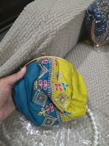 Olve Free Blue Potli Clutch With Pearl Handle