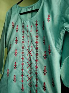 Embroidered Green Cotton Kurta