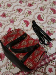 Red Printed Handbag with Sling and small pouch