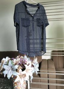 Navy Sheer Button-Up Top