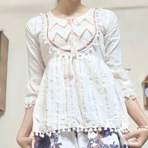 White Embroidered Pom Po