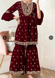 Maroon Embroidered Kurta Set
