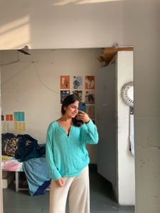 Aqua Cable Knit V-Neck Sweater