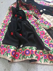 Black Saree with Embroidered Floral Border