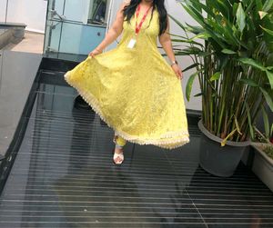 Yellow Lace Dress with Scalloped Hem
