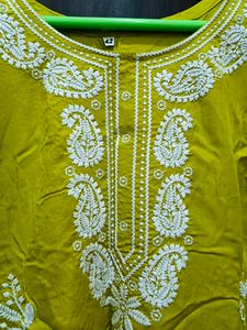 Chickenkari Work Lime Green Short Kurti XL Size