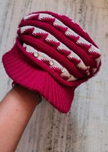 Red & White Knit Visor Beanie