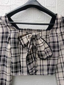 New with tag Pinterest Korean Plaid Bow Crop Top
