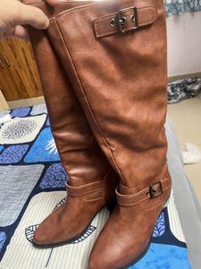 Brown Buckle Accent Knee High Boots