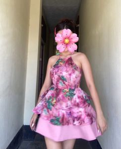 Floral Layered Pink Halter Dress